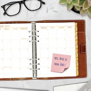 Foiled A5 Tabbed Monthly Planner Insert, Month on 2 Pages Calendar, Gold Satin Block