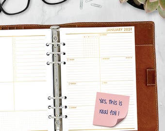 Gold Foil A5 Weekly Planner Insert, Week on 1 Page Dated Calendar Refill