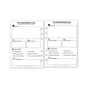 May include: A double-page spread of a planner insert, labelled "THE OVERTHINKER'S LOG." The pages are white with black text and graphics. Sections include "THOUGHT STORM," "WORST-CASE SCENARIOS," and a "THOUGHT LOOP TRACKER." The insert is designed for journaling.