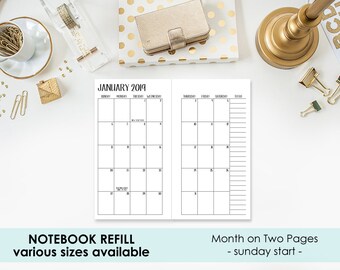 2019 Monthly Traveler’s Notebook Insert – Mo2P - Month on 2 Page - 12 month calendar - various sizes - see pictures for sizing