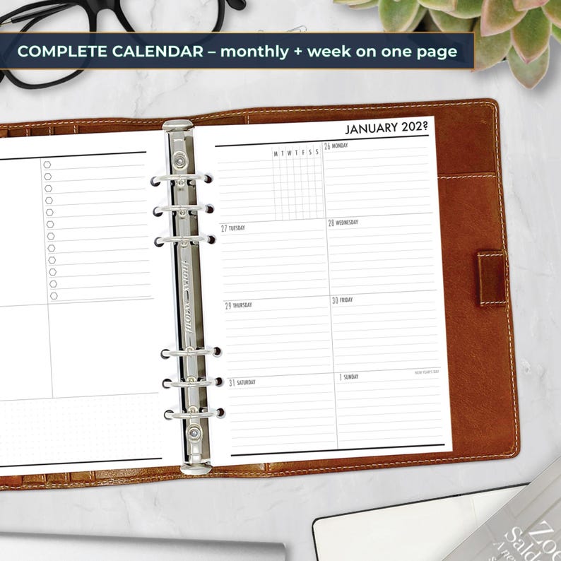 A5 Complete Week on 1 Page Calendar Refill, 5.83″ X 8.27″, Printed Ring ...