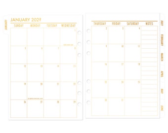 FOILED A5 Rings Tabbed Month on 2 Pages Planner Calendar Refill, 5.83 x 8.27, 12 Dated Monthly View, Metallic Foil Text Tabs, Choose Year