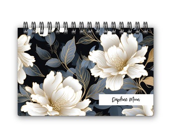 Half size Complete Spiral Planner, 5.5 x 8.5 Inch, Full Year, Week on 1 Page, Weekly & Monthly Views, Dot Grid Notes Pages - Midnight Bloom