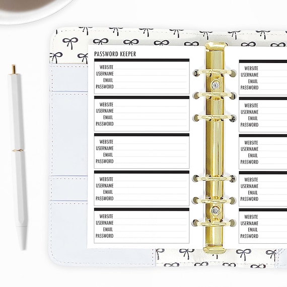 Personal Password Keeper Planner Insert, Printed Login Tracker Pages, Ring Binder Refill