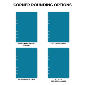 Ring binder planner insert corner rounding options guide showing four style choices: none with square corners, left corners only rounded, right corners only rounded, and all four corners rounded. Each option displays a blank teal insert page with six ring hole punches visible down the left edge. Planner insert made in the USA by CityGirl Planners.