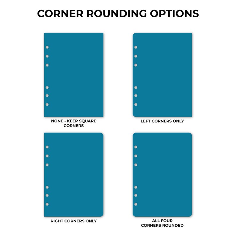Ring binder planner insert corner rounding options guide showing four style choices: none with square corners, left corners only rounded, right corners only rounded, and all four corners rounded. Each option displays a blank teal insert page with six ring hole punches visible down the left edge. Planner insert made in the USA by CityGirl Planners.
