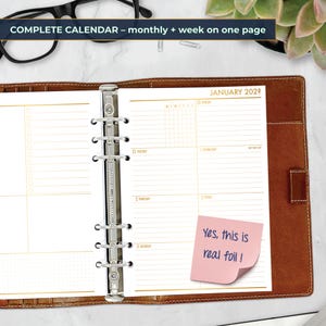 Gold Foil A5 Complete Planner Insert, Monthly and Week on 1 Page Calendar Refill