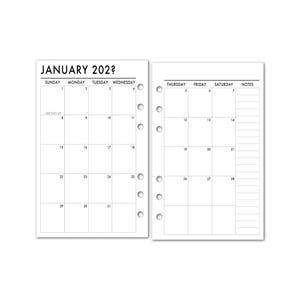 May include: A white planner insert for January 2028, featuring a monthly calendar layout with days of the week across the top. The left page shows the first half of the month, and the right page has the second half with a notes section.