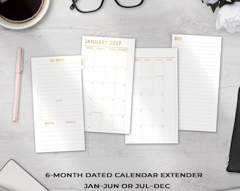 6-Month Foiled Dated Tabbed Calendar Extender, Jan–Jun or Jul–Dec, A5 Personal Pocket Planner Refills, Monthly Layout Only, Tab Version