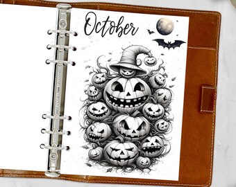Planificador mensual A5, 12 páginas para colorear sin fecha, Halloween, terror y octubre.