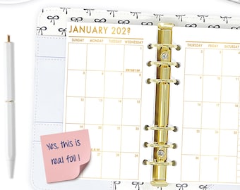 Gold Foil Personal Monthly Planner Insert, Month on 2 Pages Printed Dated Calendar Refill