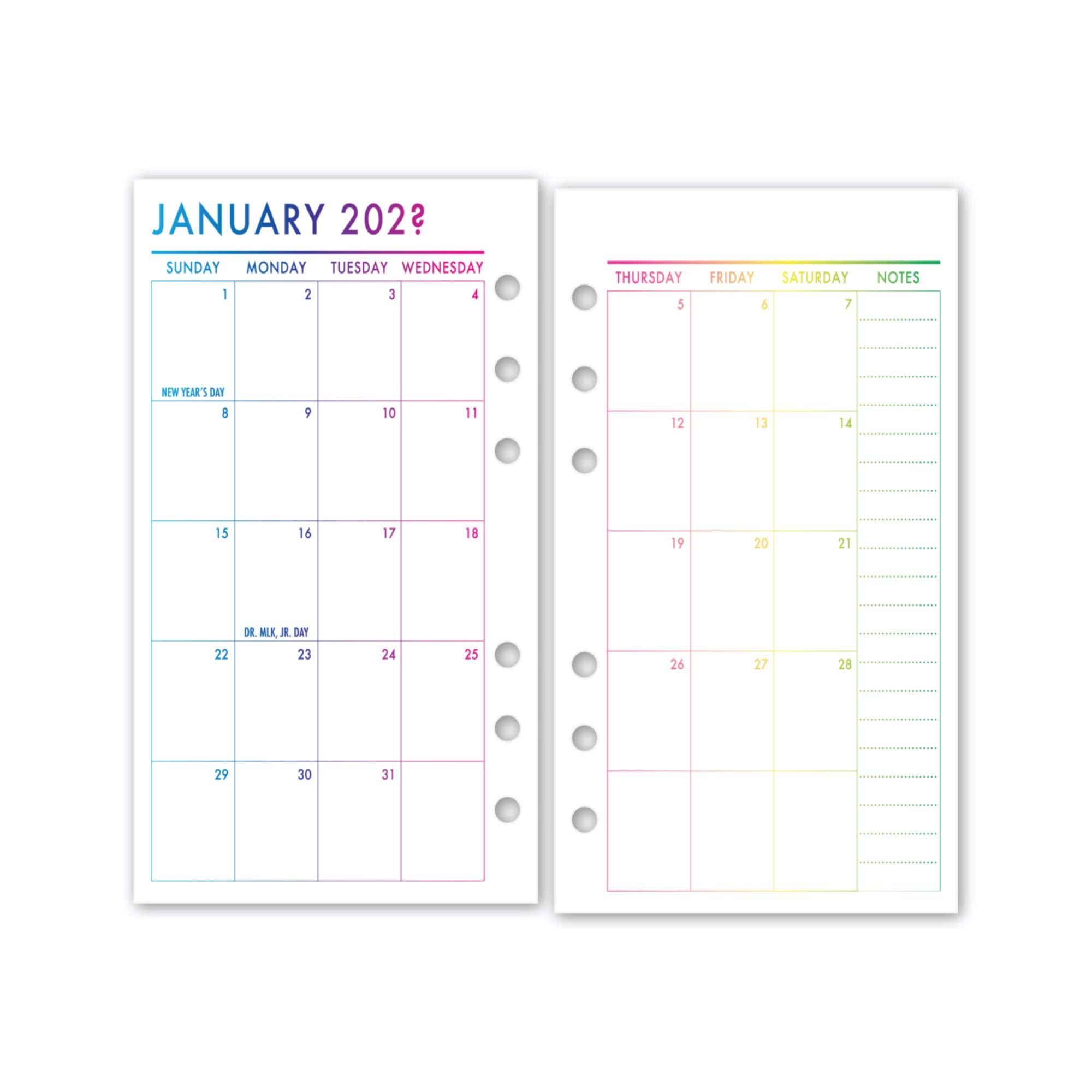 Personal Rainbow Month on 2 Pages Calendar Refill, 3.74″ x 6.73″, 12 Dated Monthly View, Printed Planner Ring Binder Insert, Choose Year