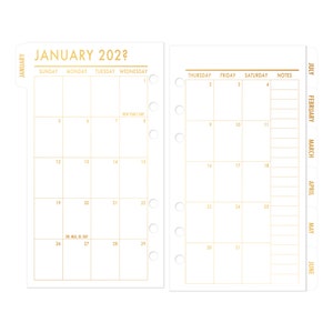 FOILED Personal Rings Tabbed Month on 2 Pages Calendar Refill, 3.74" x 6.73", Dated Monthly View, Metallic Foil Text Tabs, Choose Date