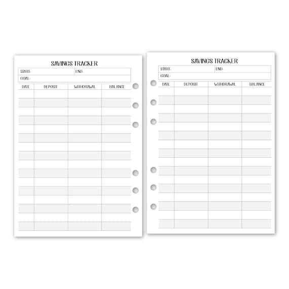 A5 size Savings Tracker Planner insert fits six-ring binders 15 Double-Sided sheets