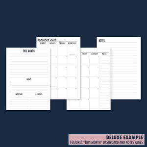 Dark navy background flat lay showing the deluxe insert example with a This Month dashboard page and notes page alongside the monthly grid. Labeled Deluxe Example — features This Month dashboard and notes pages. A5 planner inserts made in the USA by CityGirl Planners.