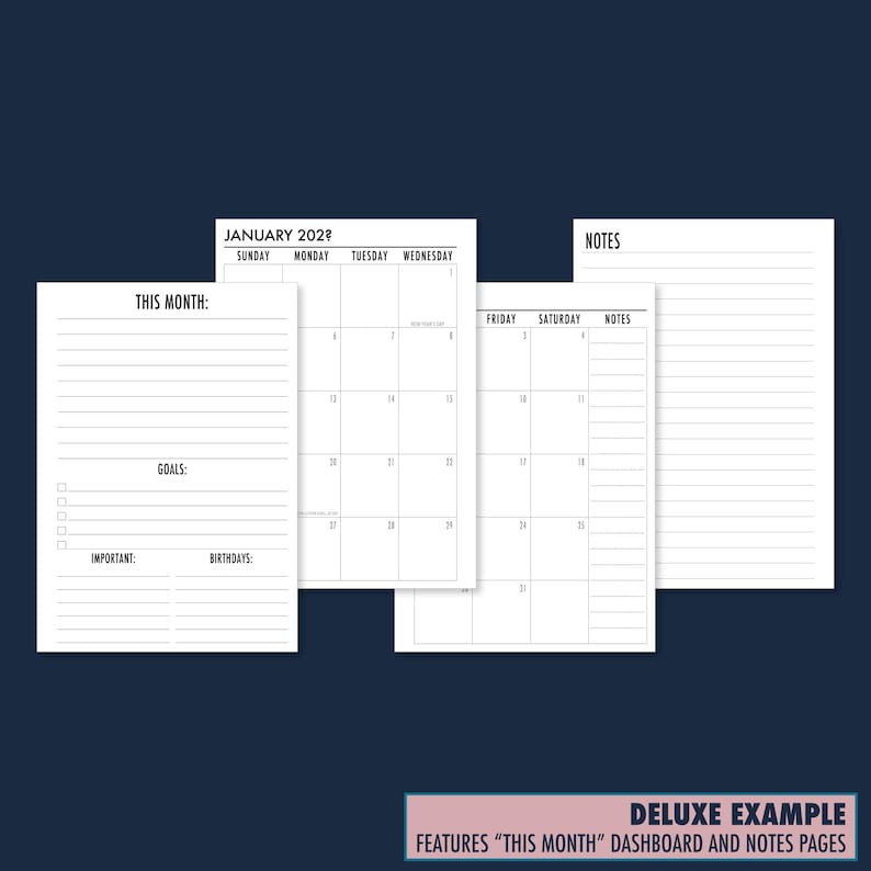 Dark navy background flat lay showing the deluxe insert example with a This Month dashboard page and notes page alongside the monthly grid. Labeled Deluxe Example — features This Month dashboard and notes pages. A5 planner inserts made in the USA by CityGirl Planners.