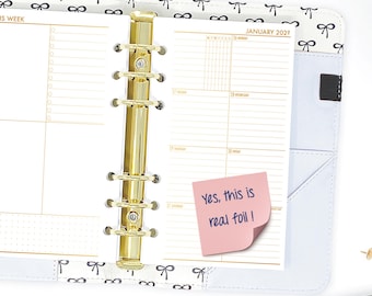 Inserto para agenda semanal personal con lámina dorada, calendario de una semana por página.