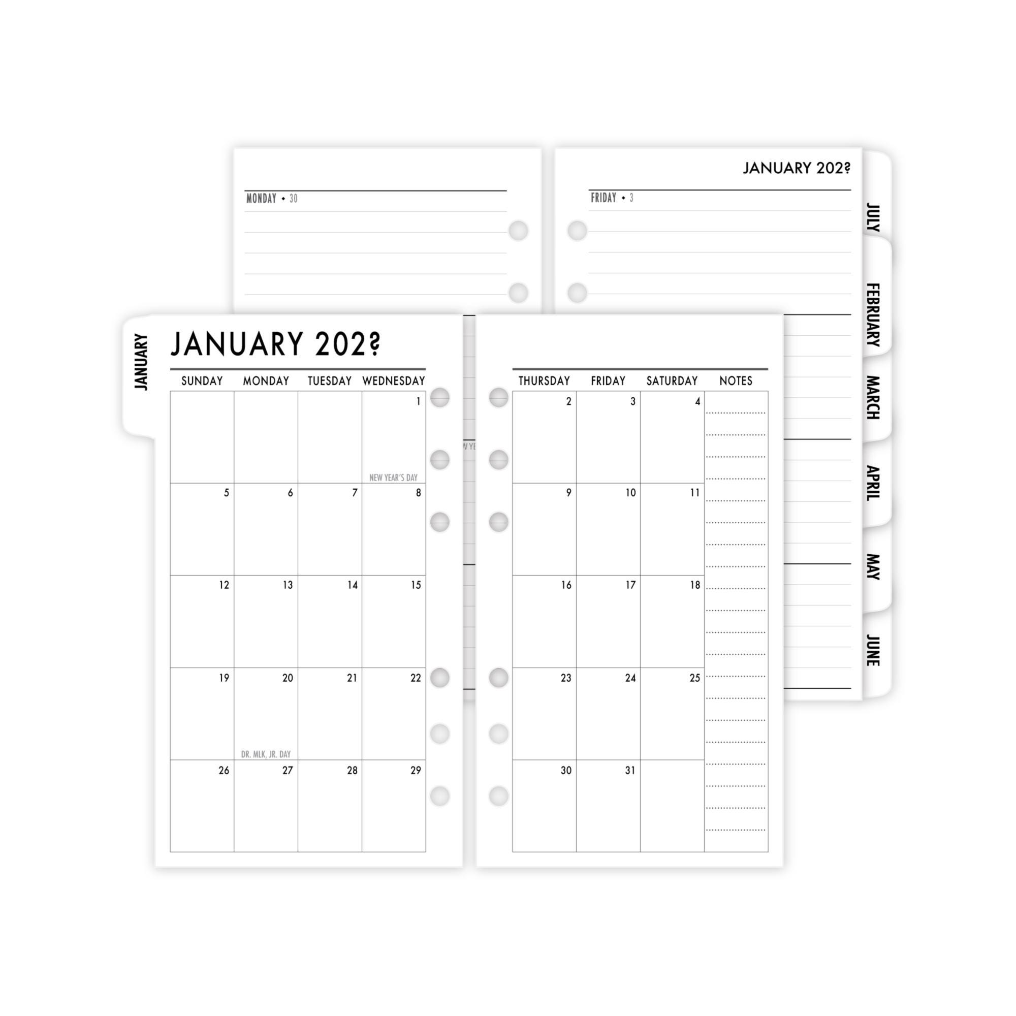 Personal Tabbed Complete Horizontal Calendar Refill, 3.74″ x 6.73″, Dated Month Week view, Printed Ring Binder Planner Insert, White Tabs