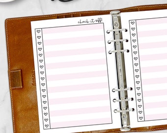 A5 Heart Checklist Planner Refill, To-Do List, Notes Organizer, Choose Color