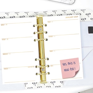 Gold Foil Personal Horizontal Weekly Planner Insert, Week on 2 Pages Dated Calendar Refill