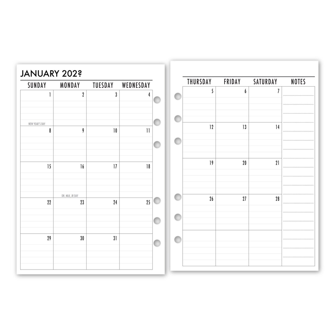 Printed A5 Lined Month on 2 Pages Planner Calendar Refills, 5.83 X 8.27 ...