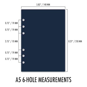 A5 six-hole measurement diagram on a white background. Navy page outline labeled with overall dimensions of 5.83 inches by 8.27 inches (148 mm by 210 mm) and six punched holes spaced 0.75 inches (19 mm) and 2.75 inches (70 mm) apart along the left edge. Caption reads A5 6-HOLE MEASUREMENTS. Physical paper insert only -- binder and accessories not included.