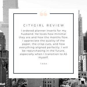 CityGirl Review card featuring a five-star customer review from Tara praising the quality of the A5 bill tracker planner insert, the minimal design, crisp paper, and clean cuts. City skyline background with CityGirl Planners branding.