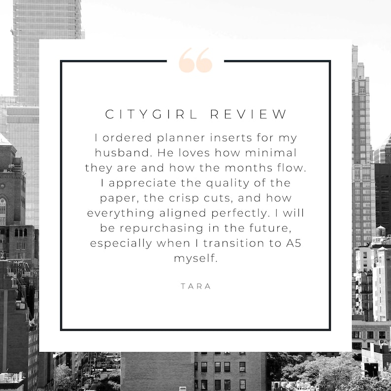 CityGirl Review card featuring a five-star customer review from Tara praising the quality of the A5 bill tracker planner insert, the minimal design, crisp paper, and clean cuts. City skyline background with CityGirl Planners branding.