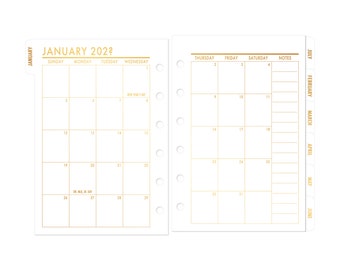 FOILED Pocket Rings Tabbed Month on 2 Pages Calendar Refill, 3.2" x 4.7", Dated Monthly View, Metallic Foil Text Tabs, Choose Date