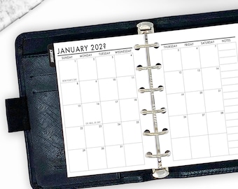 Recambio de calendario mensual con pestañas de bolsillo en 2 páginas, 8,1 cm x 12 cm, vista mensual con 12 fechas, inserto impreso para agenda con anillas, pestañas negras.
