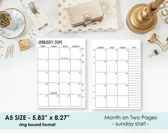A5 2019 Monthly printed planner calendar - Sunday start - Mo2P - month on 2 page - monthly calendar