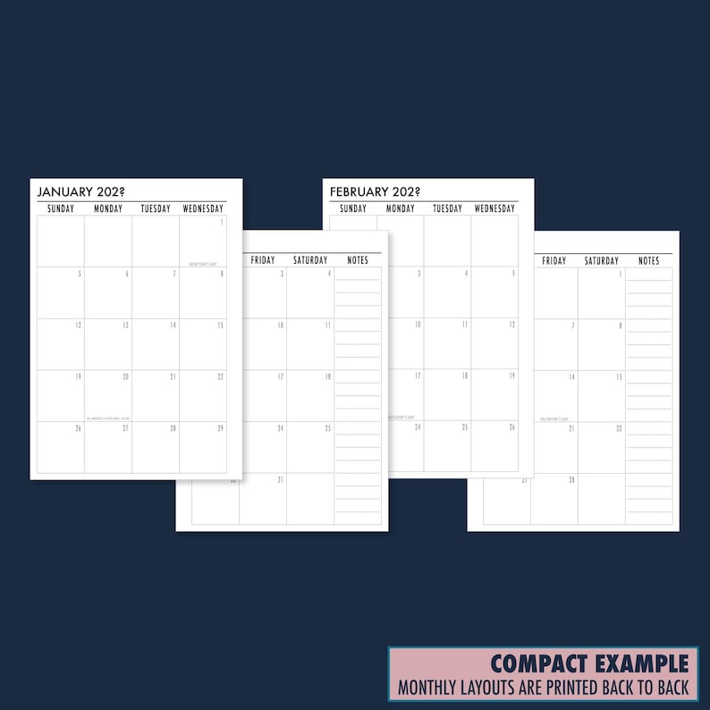 Dark navy background flat lay showing the compact insert example with monthly calendar pages printed back to back. Labeled Compact Example — monthly calendars are printed back to back. Physical planner refills only, no binder or accessories included.