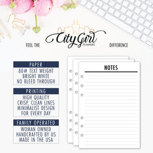 CityGirl Planners branded product info card with floral watercolor header, listing paper specs: 80lb text weight, bright white, no bleed through. Printing: high quality, crisp clean lines, minimalist design for every day. Family operated: woman owned, handcrafted by us, made in the USA.