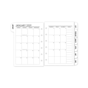 Pocket Tabbed Month on 2 Pages Calendar Refill, 3.2&quot; x 4.7&quot;, 12 Dated Monthly View, Ring Binder Planner Insert, Choose Year, White Tabs