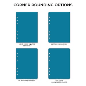 Ring binder planner insert corner rounding options guide showing four style choices: none with square corners, left corners only rounded, right corners only rounded, and all four corners rounded. Each option displays a blank teal insert page with six ring hole punches visible down the left edge. Planner insert made in the USA by CityGirl Planners.