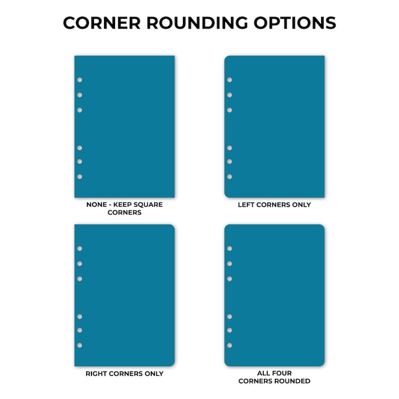 Ring binder planner insert corner rounding options guide showing four style choices: none with square corners, left corners only rounded, right corners only rounded, and all four corners rounded. Each option displays a blank teal insert page with six ring hole punches visible down the left edge. Planner insert made in the USA by CityGirl Planners.