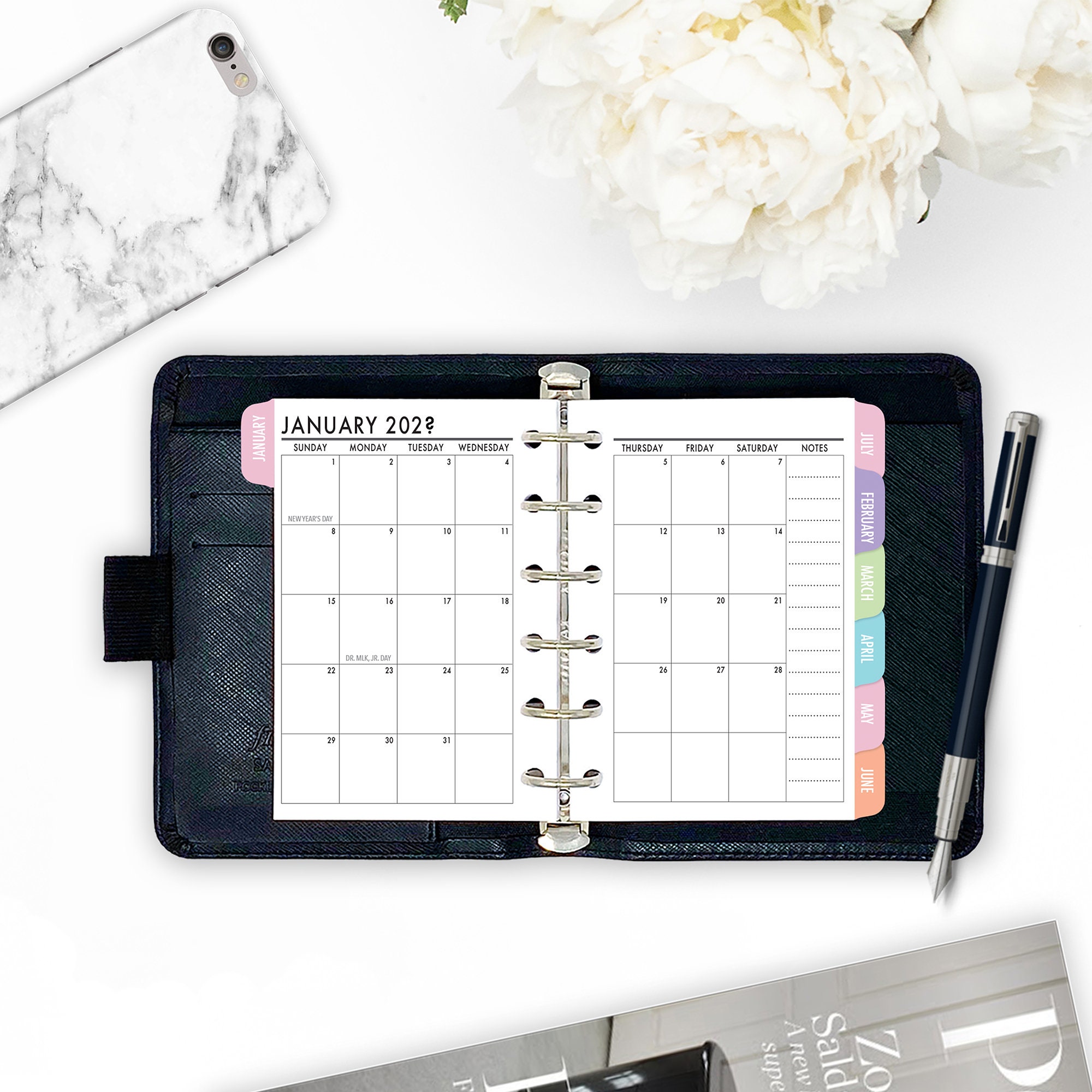 Printed Pocket Rings Tabbed Month on 2 Pages Deluxe Planner 