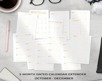 Calendario extensor con pestañas y fechado metalizado de 3 meses, de octubre a diciembre, recambios para agenda personal de bolsillo A5, solo mensual + semanal, con pestañas.