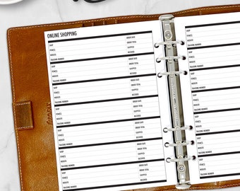 A5 Online Shopping Refill, Order Tracker, Website Purchase Log, Spending List