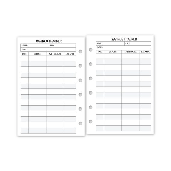 A5 size Savings Tracker Planner insert fits six-ring binders 15 Double-Sided sheets