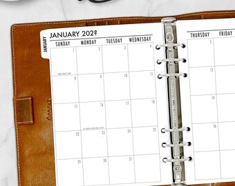 Recambio de calendario mensual A5 con pestañas en 2 páginas, 5,83″ x 8,27″, inserto impreso para agenda con anillas, 12 meses con fechas, elige la fecha, pestañas blancas.