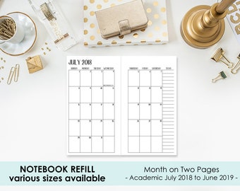 Academic 2018-2019 Monthly Micro or Passport Traveler’s Notebook Insert – micro passport size - Traveller's refill - school year calendar