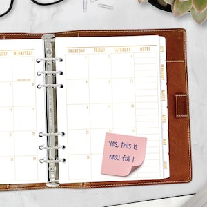 Gold Foil A5 Tabbed Monthly Planner Insert, Month on 2 Pages Dated Calendar Refill