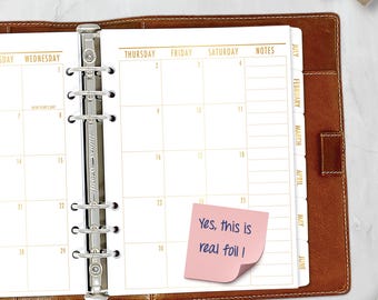 Gold Foil A5 Tabbed Monthly Planner Insert, Month on 2 Pages Dated Calendar Refill