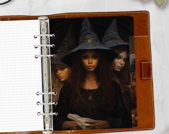 Juego de separadores A5 Ghostly Girls con etiquetas para planificador, brujas espeluznantes y chicas cuervo