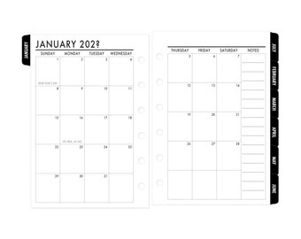 Printed Pocket Rings Tabbed Month on 2 Pages Deluxe Planner Calendar Refill, 3.2" x 4.7", Sunday Start, Dated Monthly View, Black Tabs, 6D