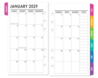 Printed Personal Size Tabbed Month on 2 Pages Calendar Refill Insert, Sunday Start, 3.74″ x 6.73″, 12 Month Dated Monthly View, 80s NEON