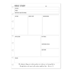 May include: A white Bible study template with sections for passage, theme, and outline. It includes areas for word study, observations, application, key verses, supporting verses, questions, and prayer. The text "BIBLE STUDY" is at the top.