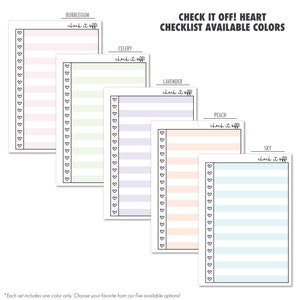 Printed A5 Check It Off checklist planner insert shown in all five available colors. Bubblegum, Celery, Lavender, Peach, and Sky designs with heart checkboxes and striped backgrounds. Physical paper insert only -- binder and accessories not included. Planner insert is made in the USA by CityGirl Planners.