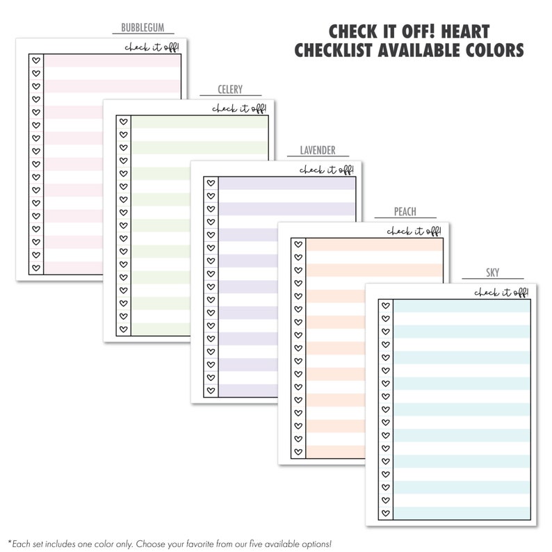 Printed A5 Check It Off checklist planner insert shown in all five available colors. Bubblegum, Celery, Lavender, Peach, and Sky designs with heart checkboxes and striped backgrounds. Physical paper insert only -- binder and accessories not included. Planner insert is made in the USA by CityGirl Planners.